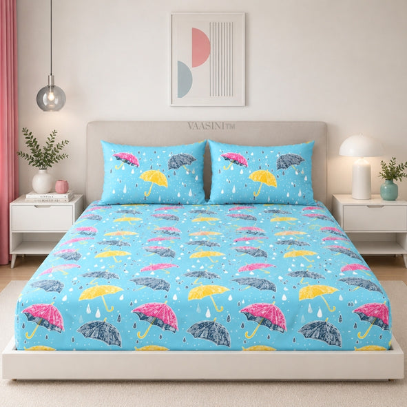 Monsoon Magic Umbrella Sky Blue Bedsheet