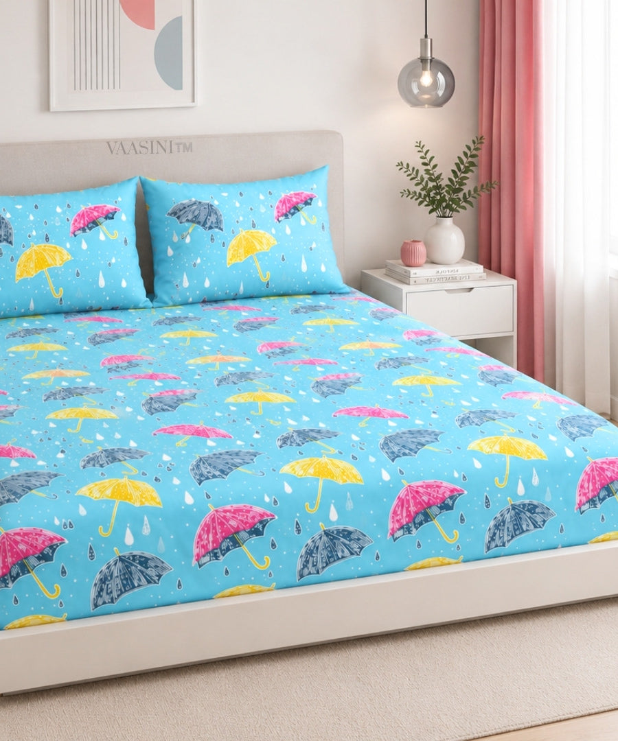 Monsoon Magic Umbrella Sky Blue Bedsheet