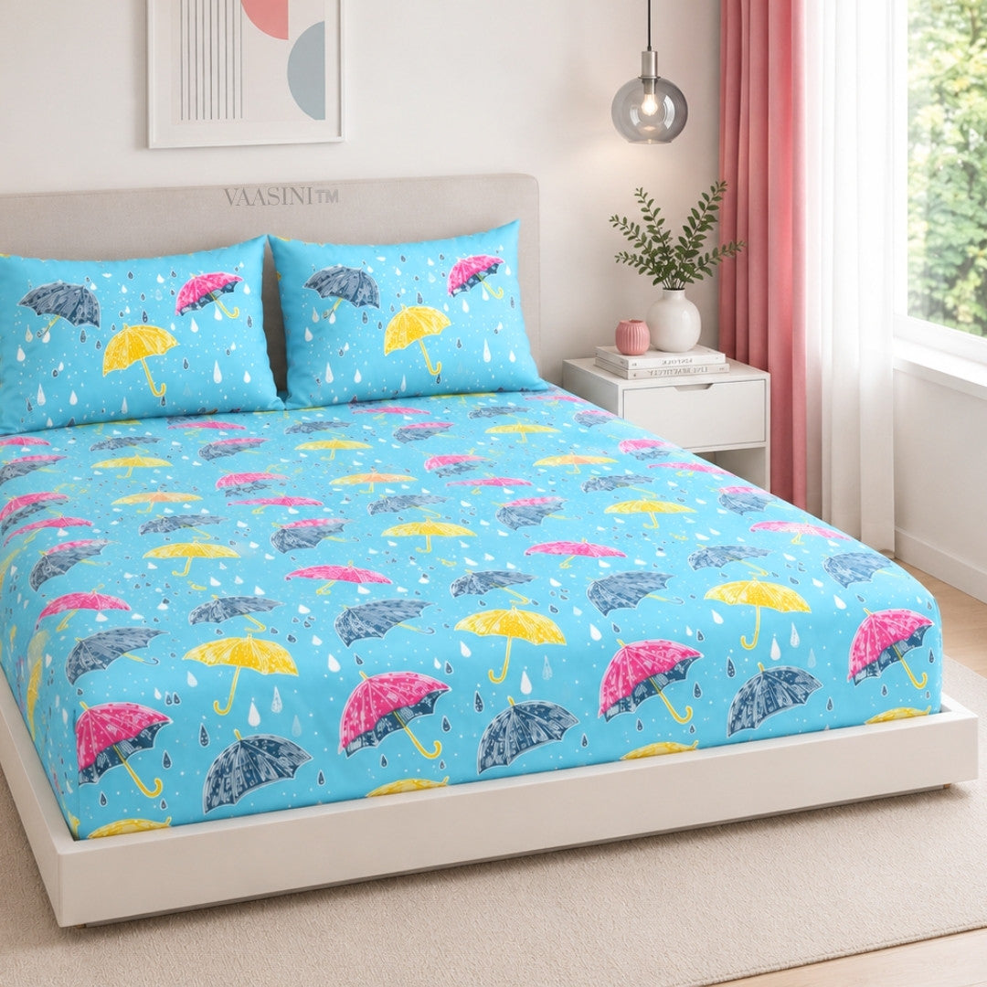 Monsoon Magic Umbrella Sky Blue Bedsheet