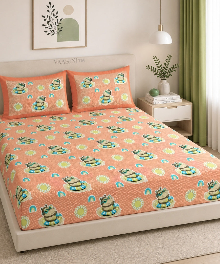 Summer Hippo Tangerine Orange Kids Bedsheet