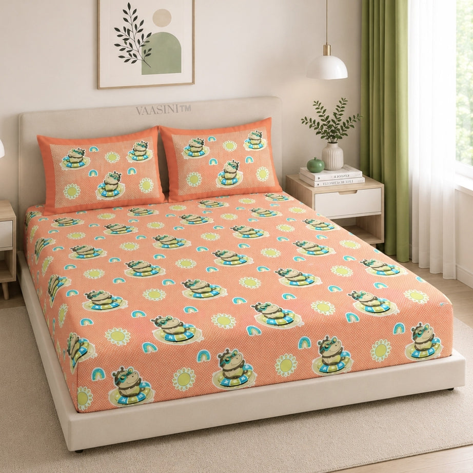 Summer Hippo Tangerine Orange Kids Bedsheet
