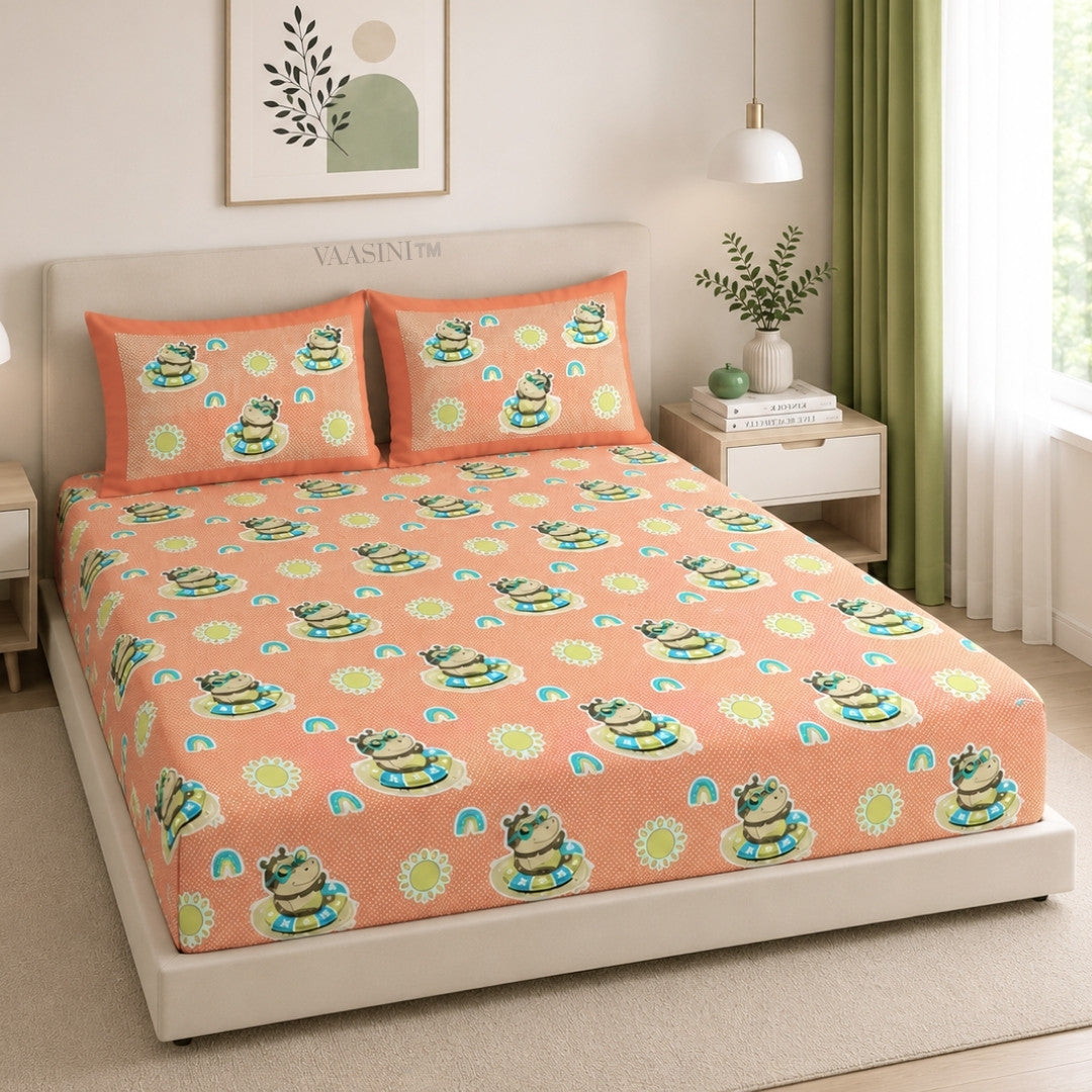 Summer Hippo Tangerine Orange Kids Bedsheet