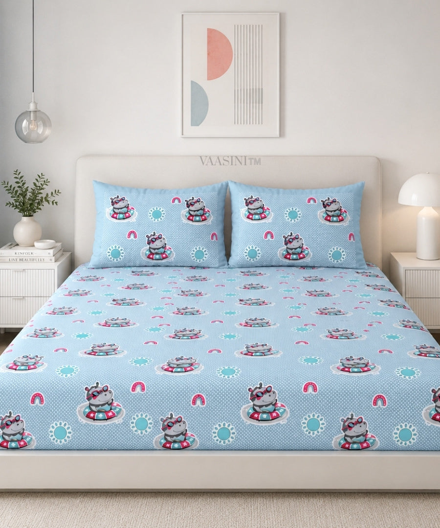 Summer Hippo Powder Blue Kids Bedsheet
