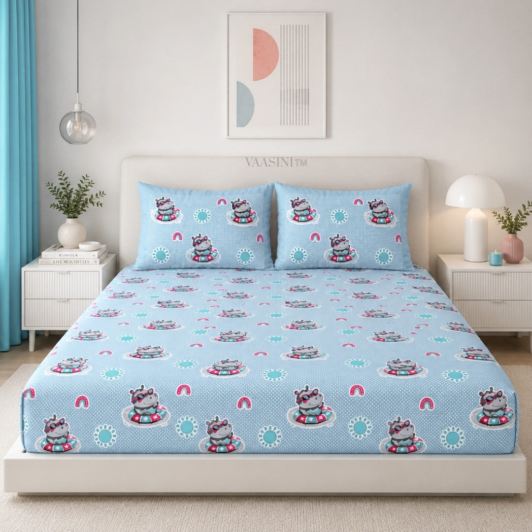 Summer Hippo Powder Blue Kids Bedsheet