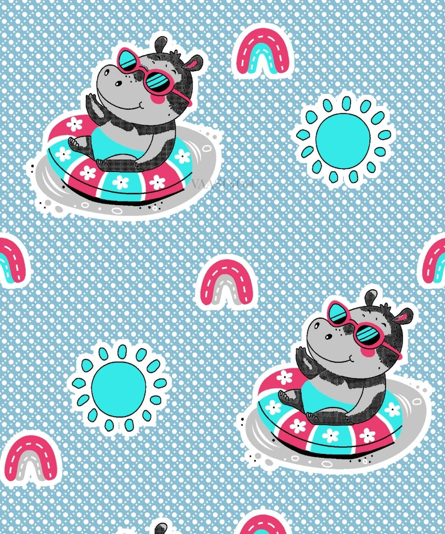 Summer Hippo Powder Blue Kids Bedsheet