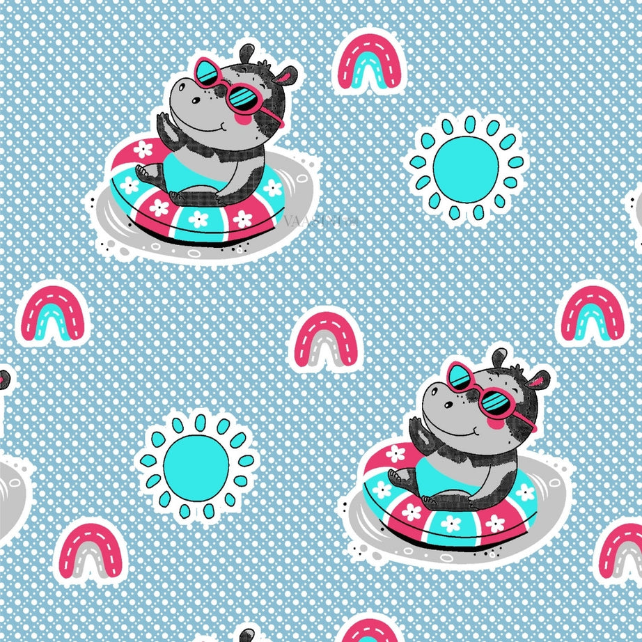 Summer Hippo Powder Blue Kids Bedsheet