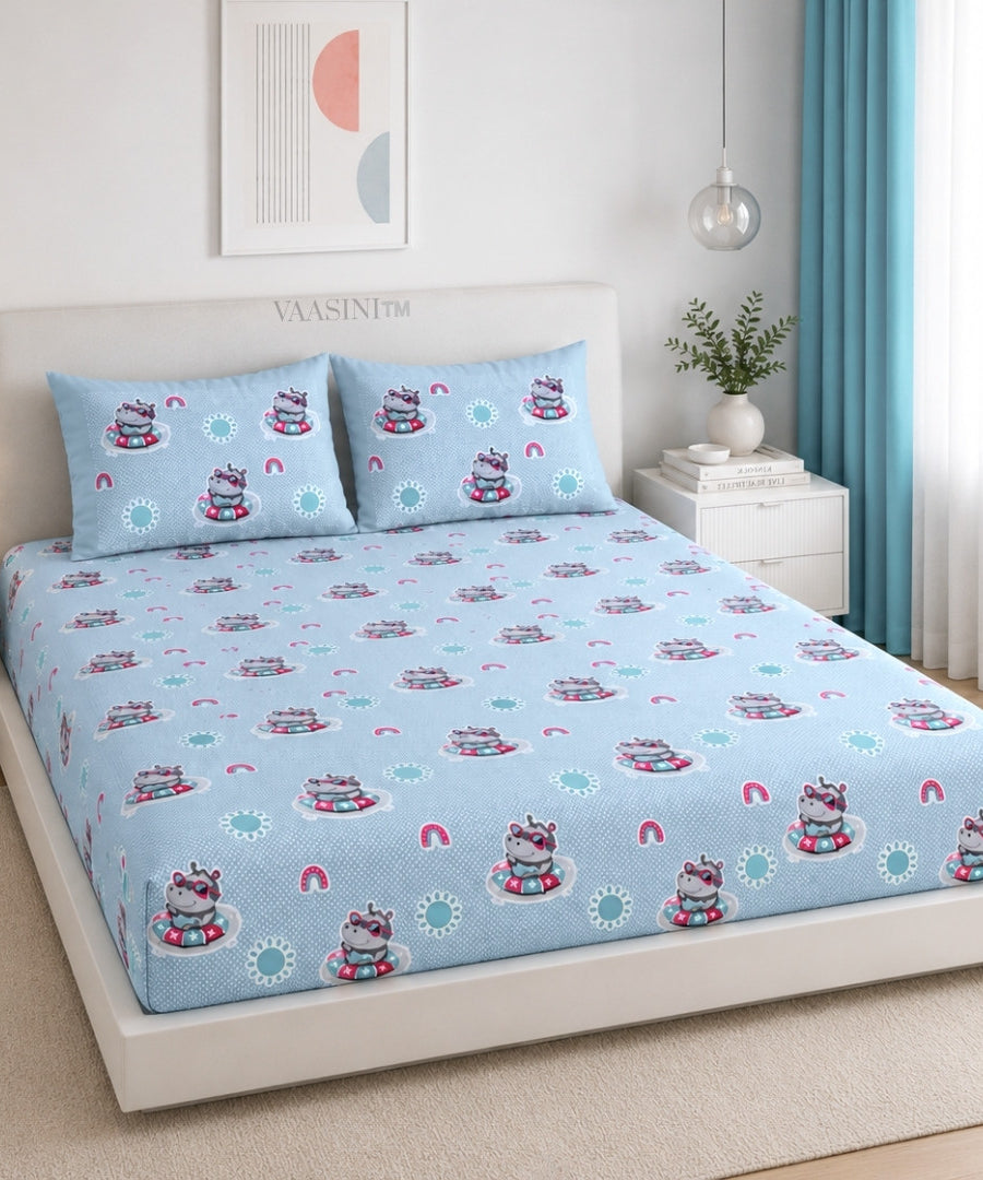 Summer Hippo Powder Blue Kids Bedsheet
