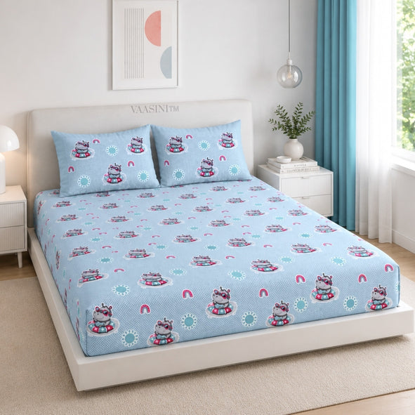 Summer Hippo Powder Blue Kids Bedsheet