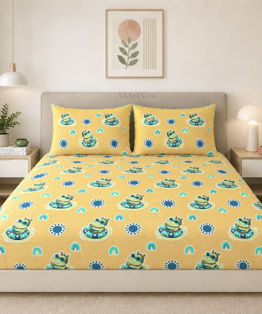 Summer Hippo Mustard Yellow Kids Bedsheet