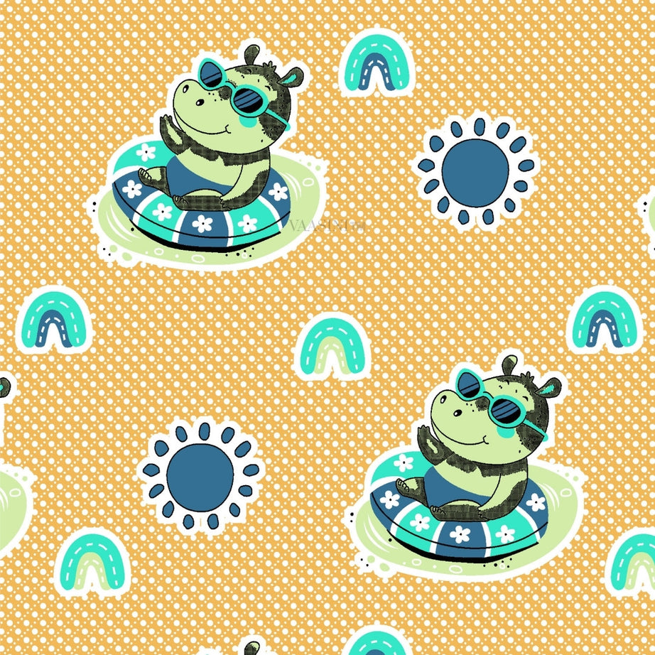 Summer Hippo Mustard Yellow Kids Bedsheet
