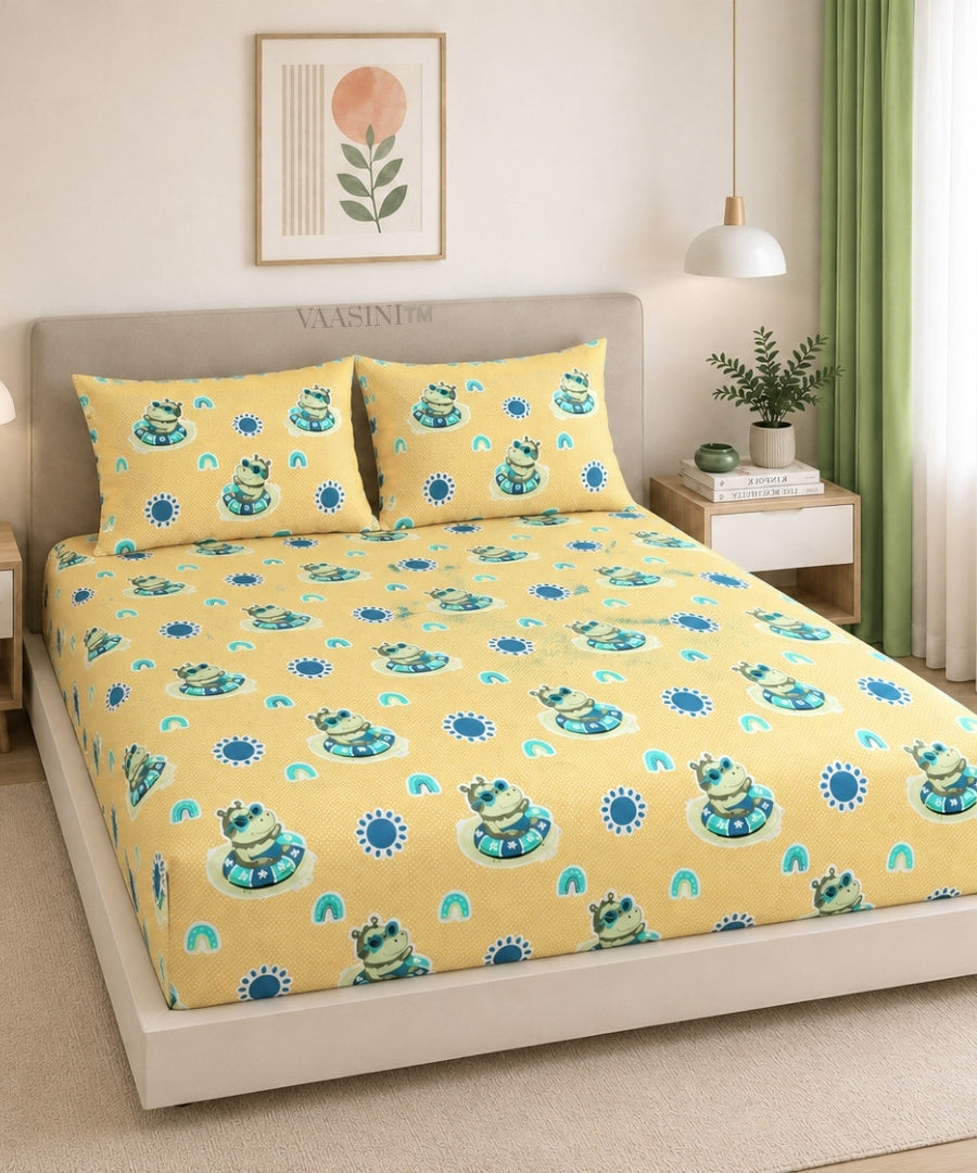 Summer Hippo Mustard Yellow Kids Bedsheet