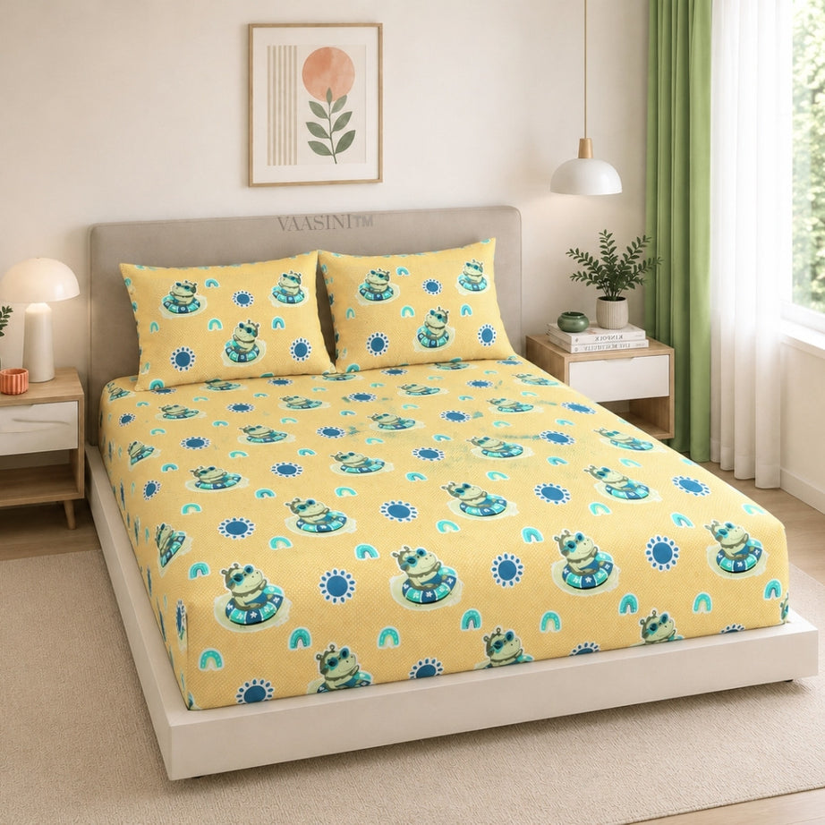 Summer Hippo Mustard Yellow Kids Bedsheet