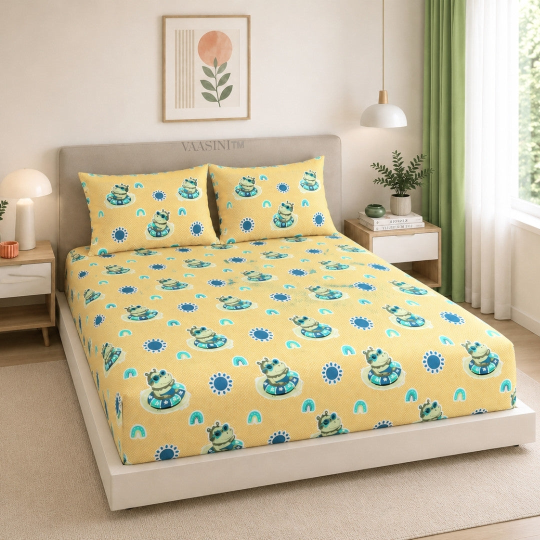 Summer Hippo Mustard Yellow Kids Bedsheet