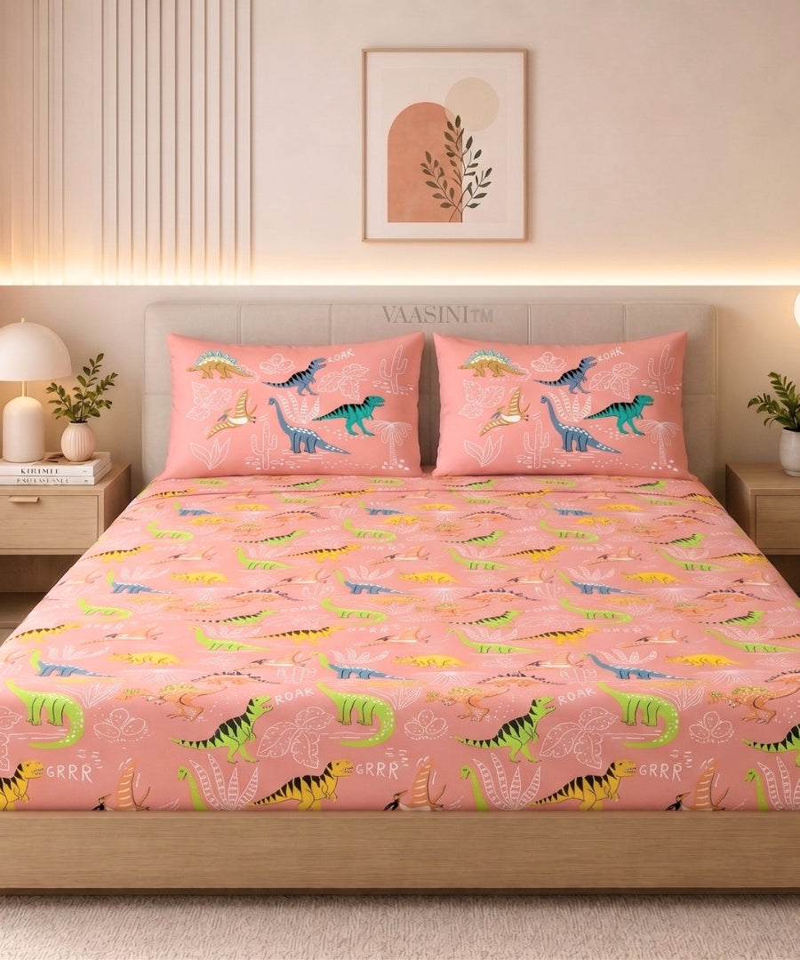 Dino Roar Coral Peach Kids Bedsheet