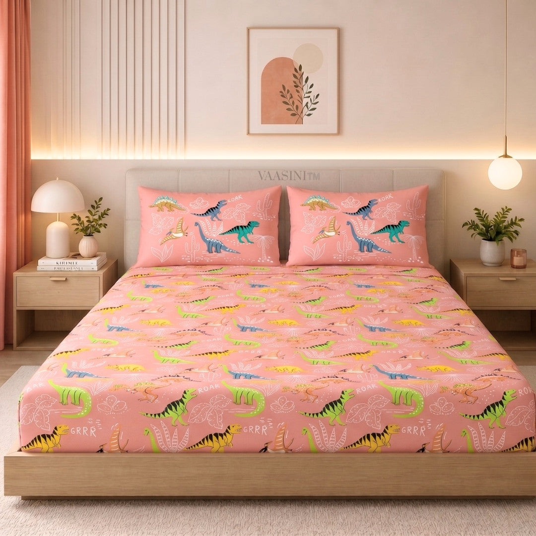 Dino Roar Coral Peach Kids Bedsheet