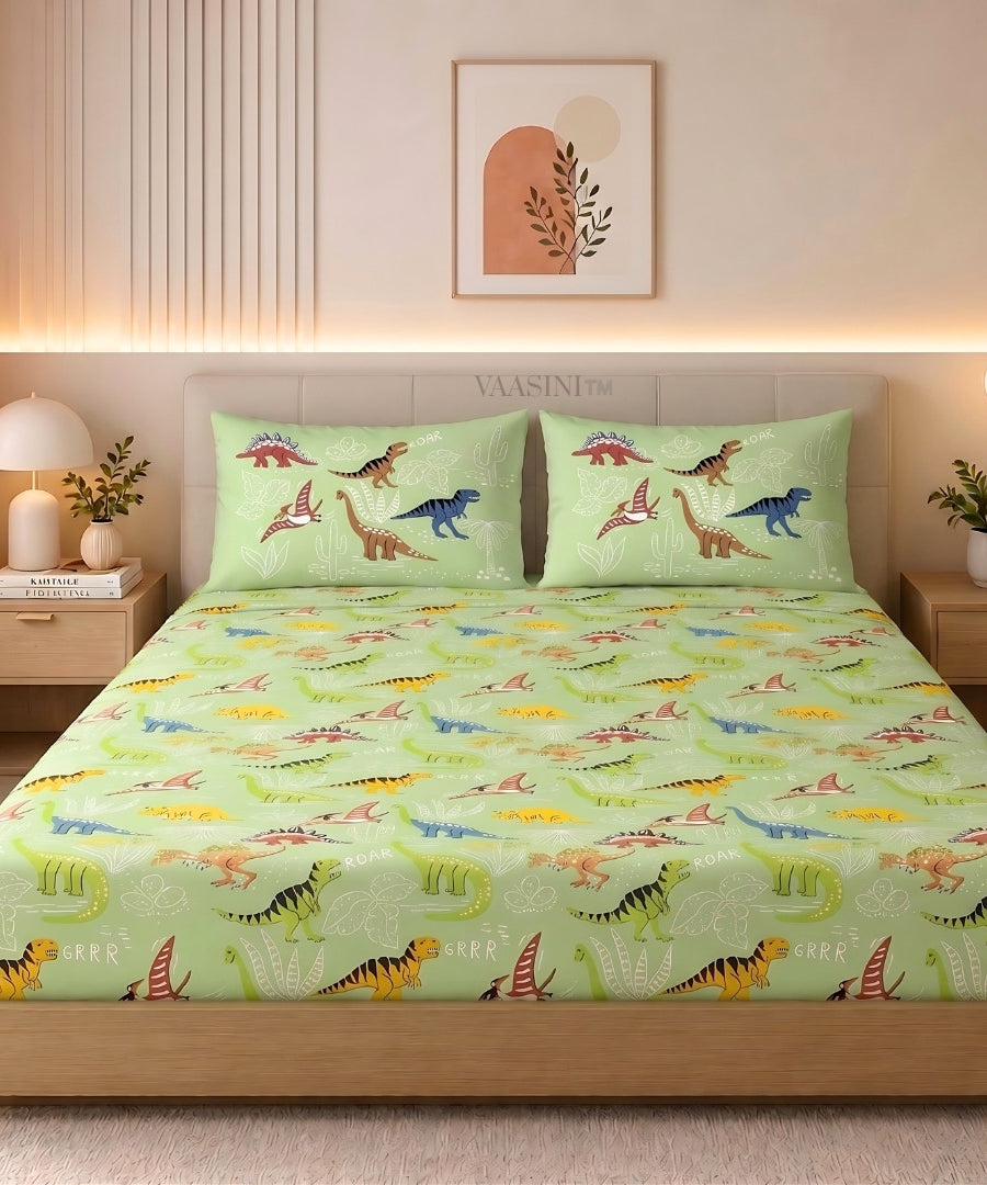 Dino Roar Sage Green Kids Bedsheet