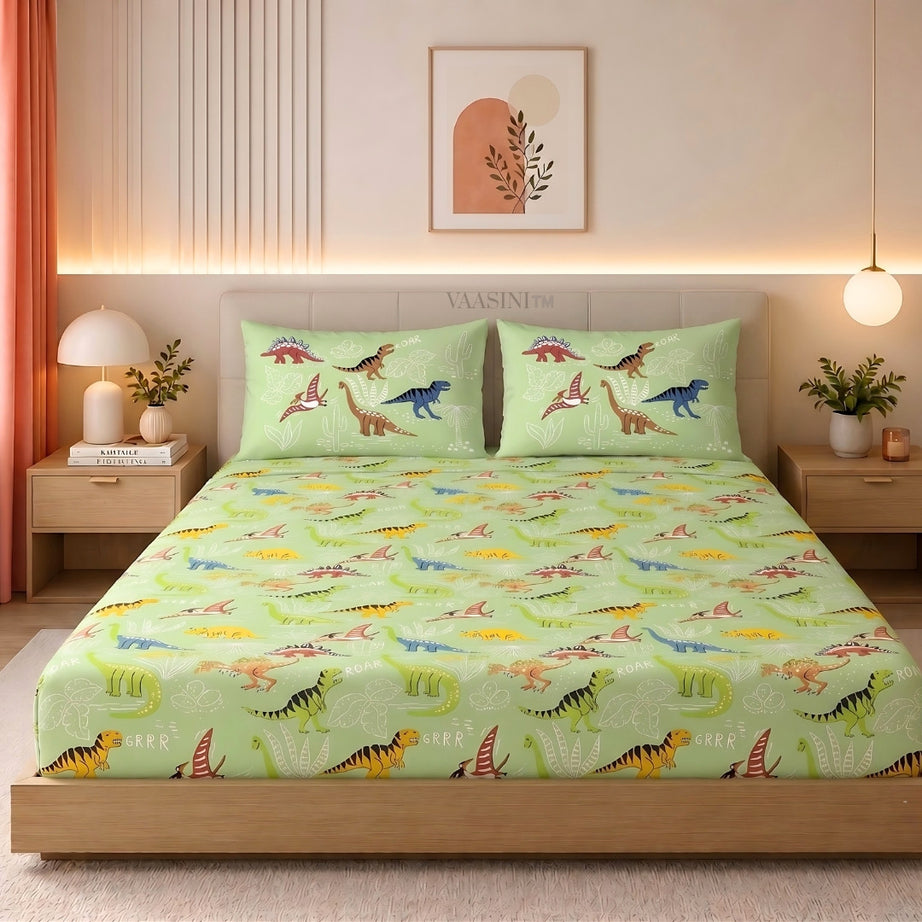 Dino Roar Sage Green Kids Bedsheet