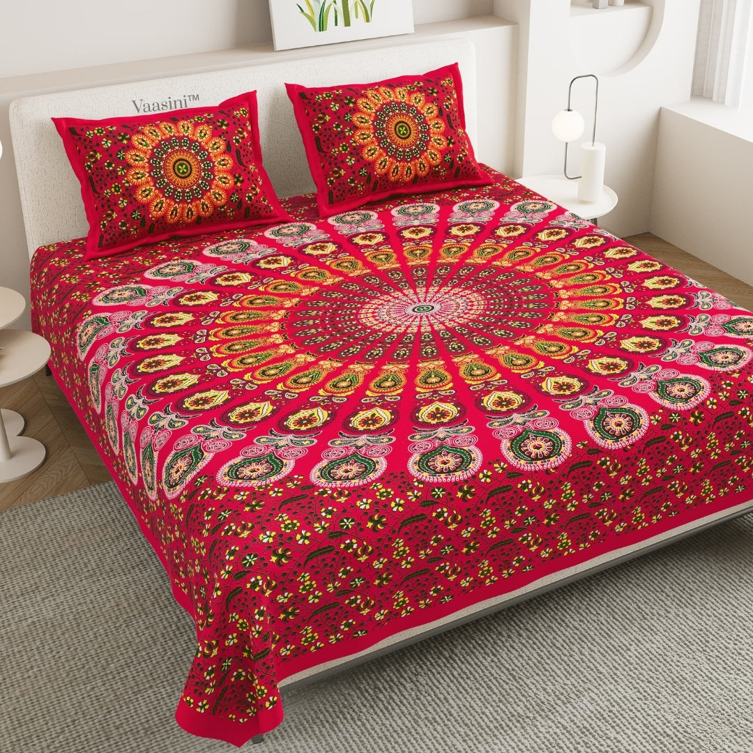 Premium Crimson Red Floral Wheel Mandala Print Pure Cotton Double Bedsheet with 2 Pillow Covers