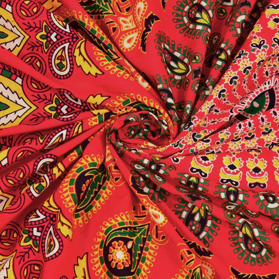 Premium Crimson Red Floral Wheel Mandala Print Pure Cotton Double Bedsheet with 2 Pillow Covers