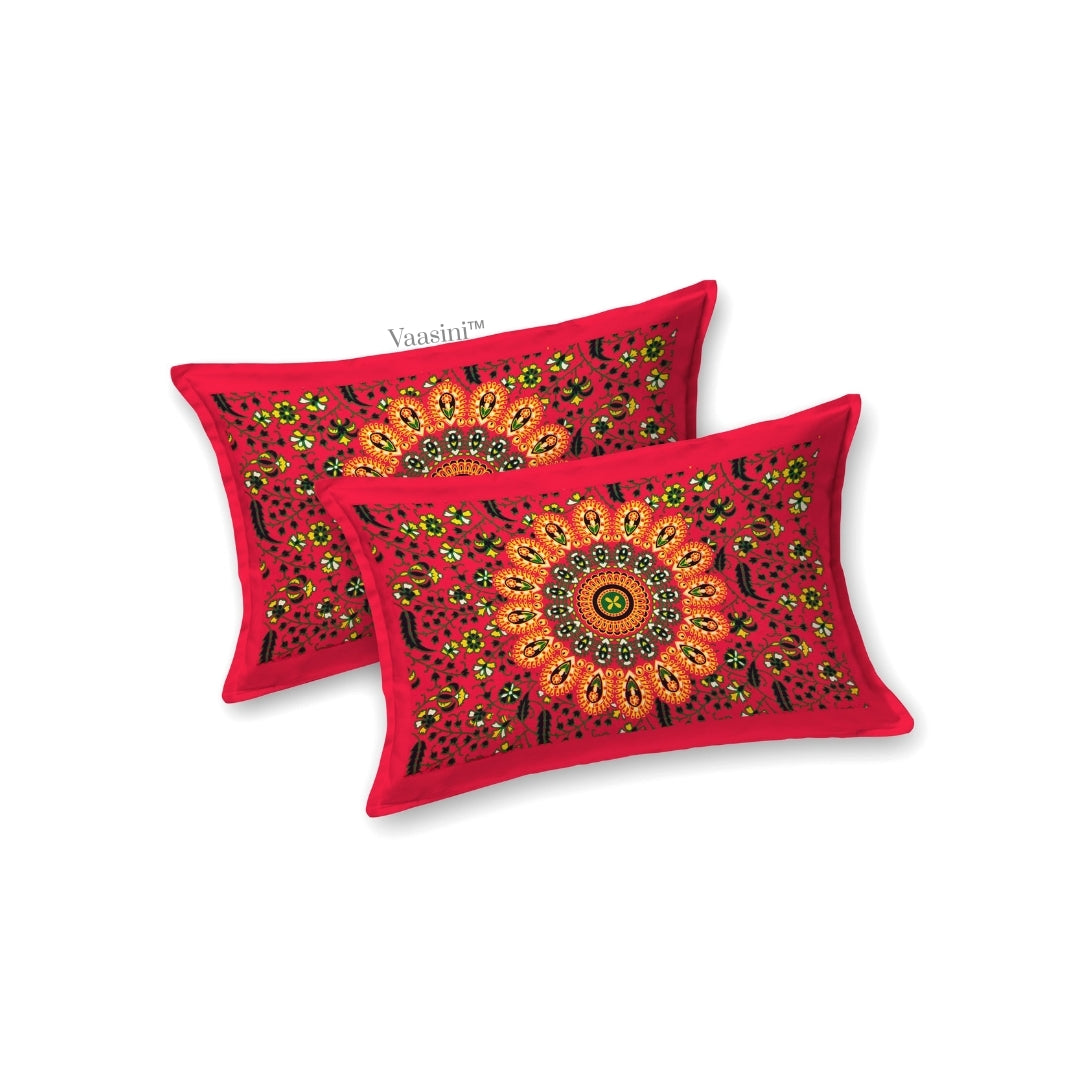 Premium Crimson Red Floral Wheel Mandala Print Pure Cotton Double Bedsheet with 2 Pillow Covers