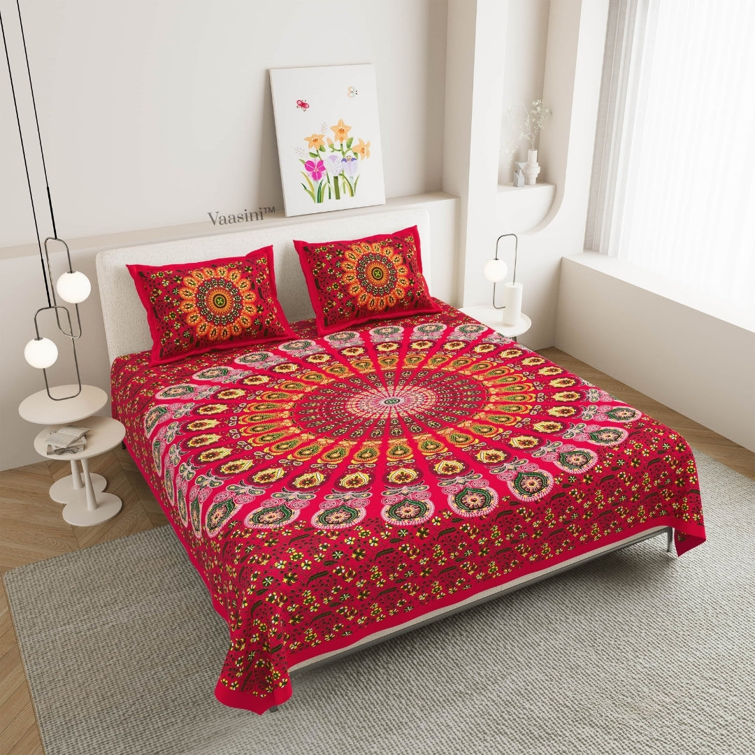 Premium Crimson Red Floral Wheel Mandala Print Pure Cotton Double Bedsheet with 2 Pillow Covers