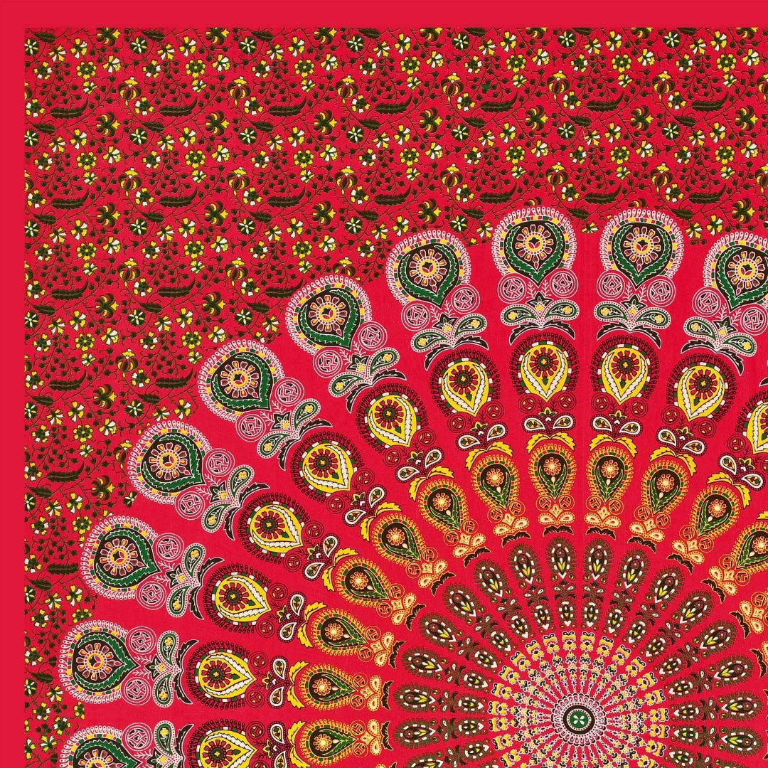 Premium Crimson Red Floral Wheel Mandala Print Pure Cotton Double Bedsheet with 2 Pillow Covers