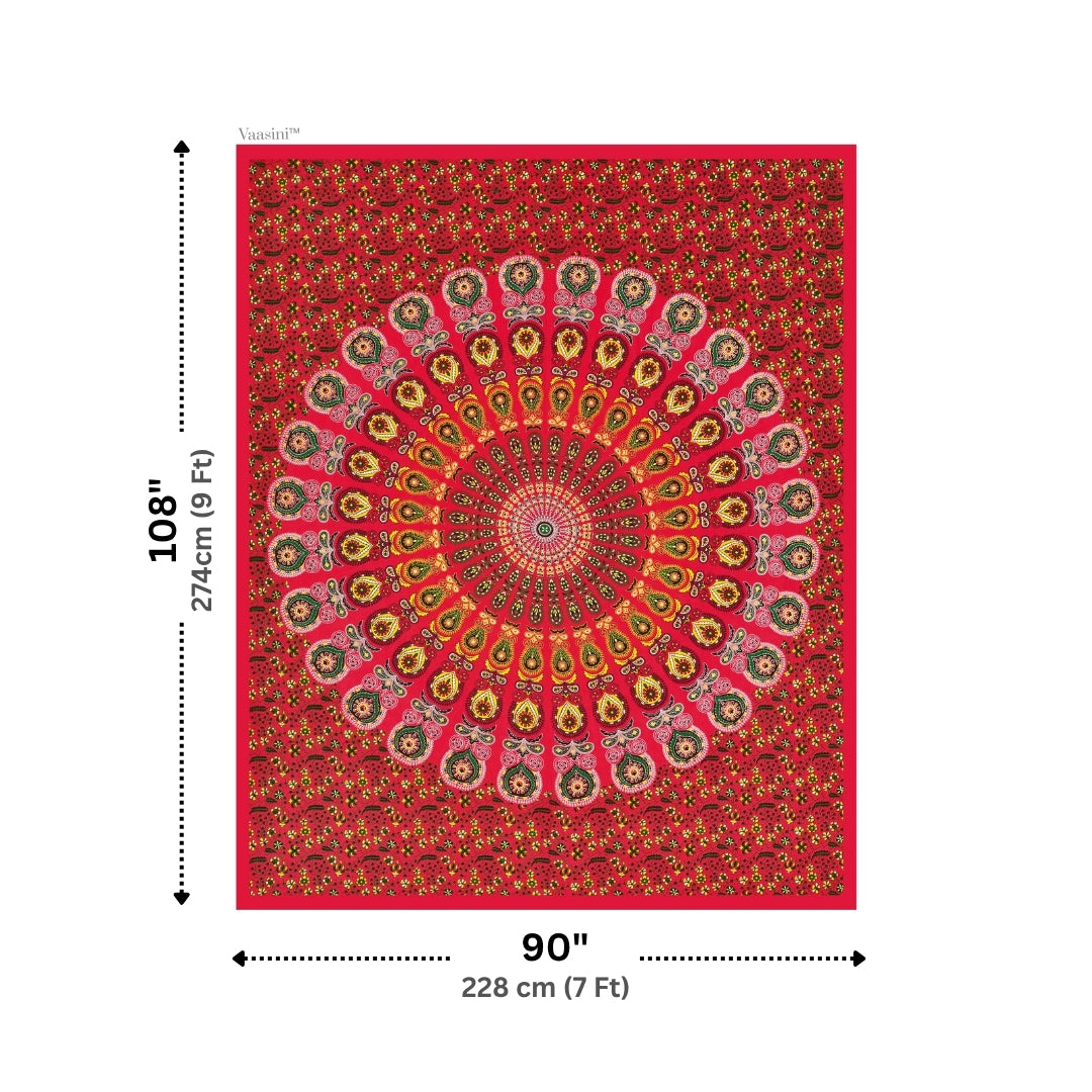 Premium Crimson Red Floral Wheel Mandala Print Pure Cotton Double Bedsheet with 2 Pillow Covers