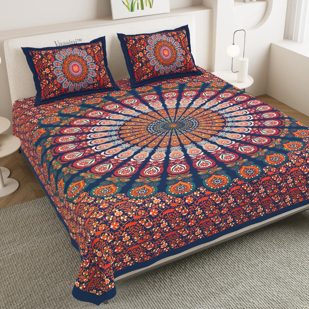 Classic Navy Blue Floral Wheel Mandala Print Pure Cotton Double Bedsheet with 2 Pillow Covers