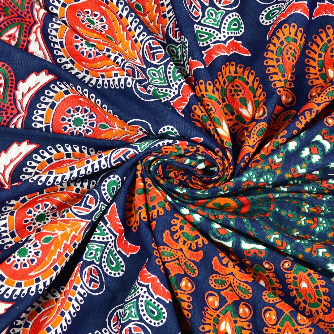 Classic Navy Blue Floral Wheel Mandala Print Pure Cotton Double Bedsheet with 2 Pillow Covers