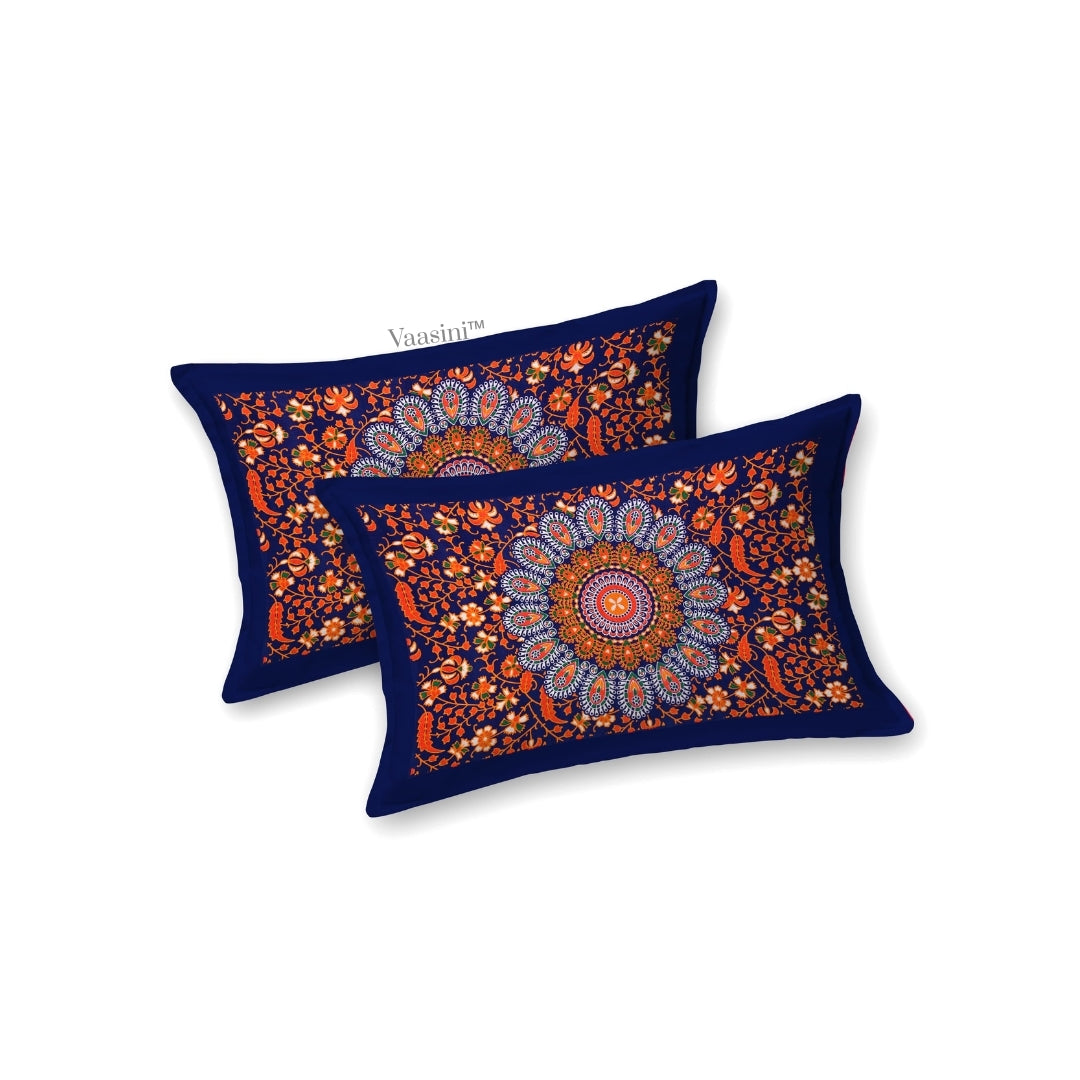 Classic Navy Blue Floral Wheel Mandala Print Pure Cotton Double Bedsheet with 2 Pillow Covers
