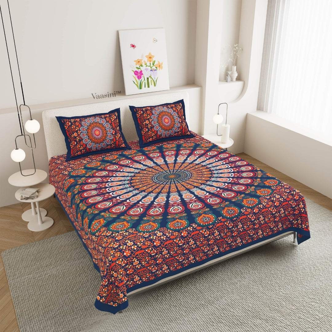 Classic Navy Blue Floral Wheel Mandala Print Pure Cotton Double Bedsheet with 2 Pillow Covers