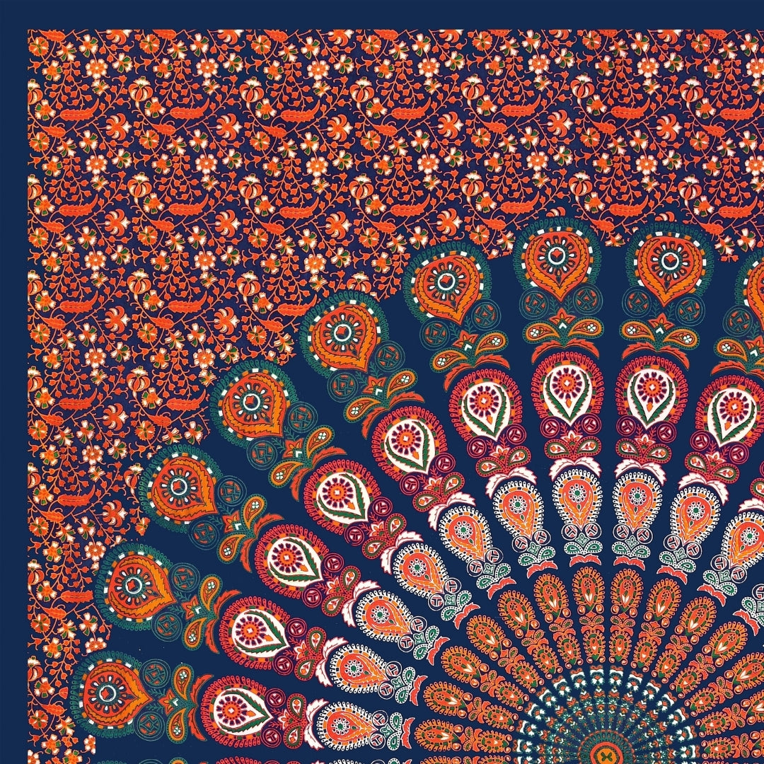 Classic Navy Blue Floral Wheel Mandala Print Pure Cotton Double Bedsheet with 2 Pillow Covers