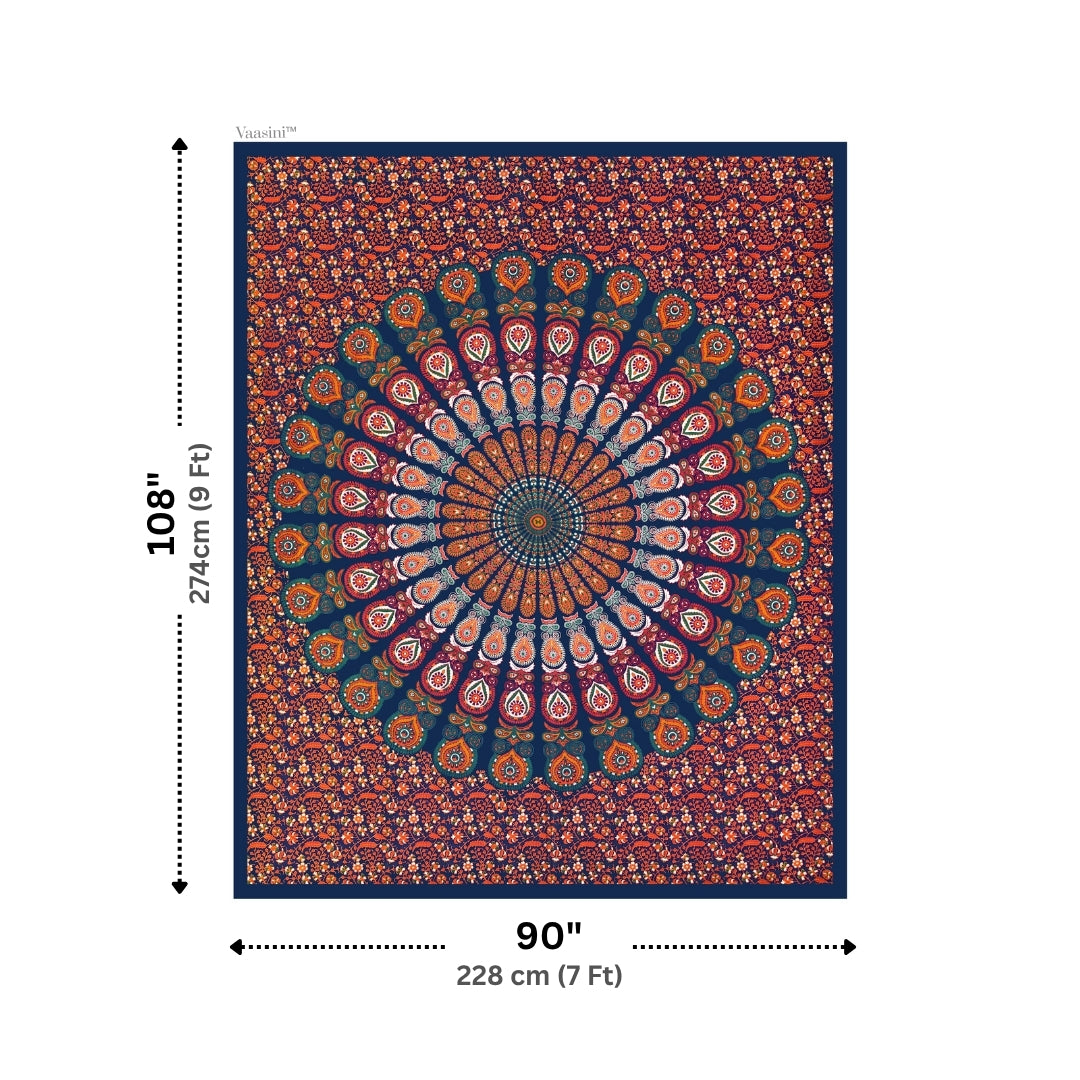 Classic Navy Blue Floral Wheel Mandala Print Pure Cotton Double Bedsheet with 2 Pillow Covers