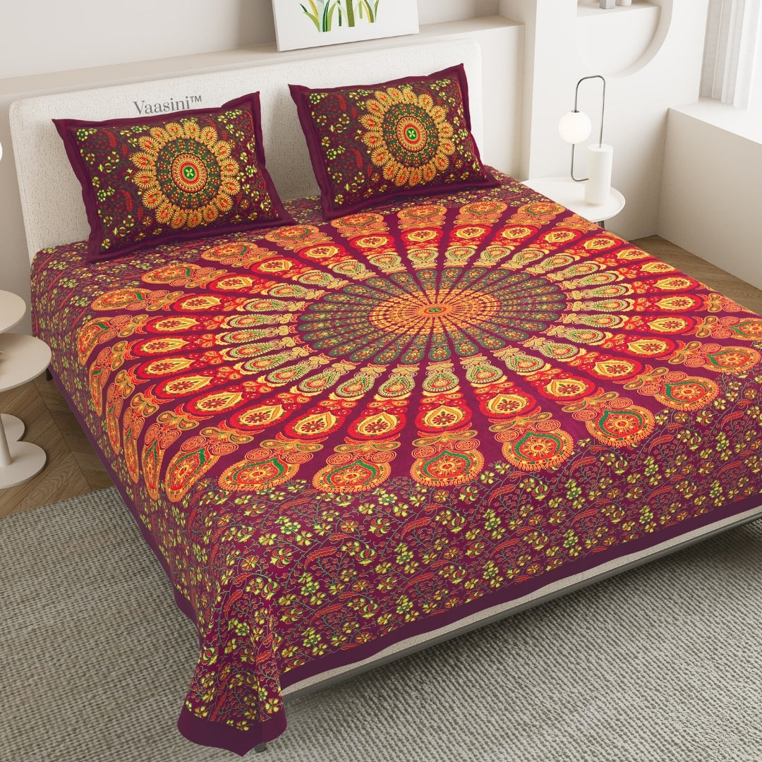 Royal Maroon Floral Wheel Mandala Print Pure Cotton Double Bedsheet with 2 Pillow Covers