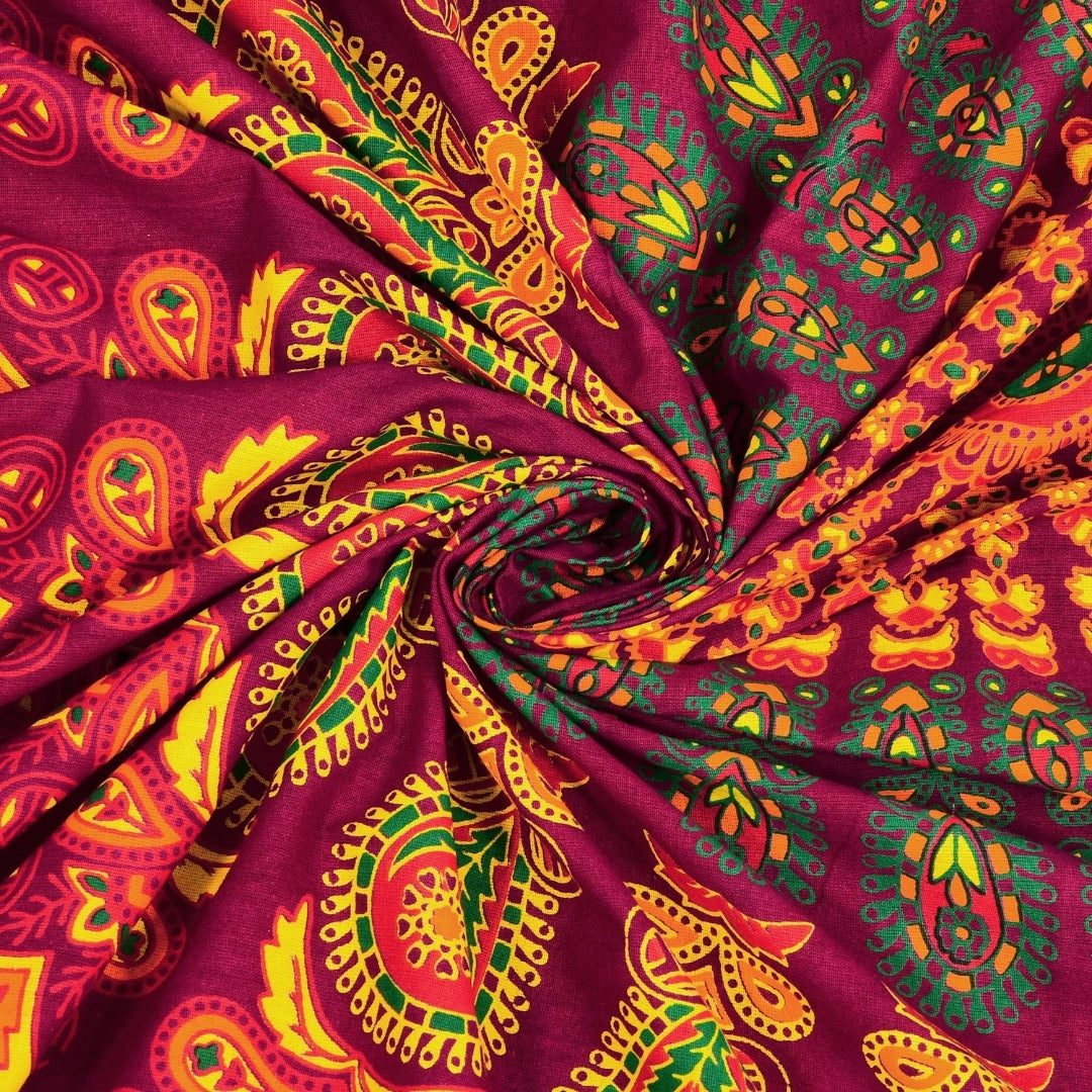 Royal Maroon Floral Wheel Mandala Print Pure Cotton Double Bedsheet with 2 Pillow Covers
