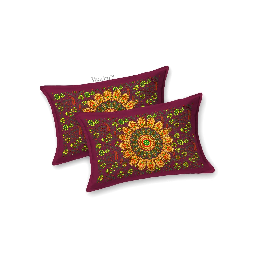 Royal Maroon Floral Wheel Mandala Print Pure Cotton Double Bedsheet with 2 Pillow Covers