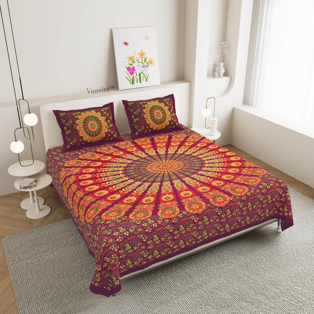 Royal Maroon Floral Wheel Mandala Print Pure Cotton Double Bedsheet with 2 Pillow Covers