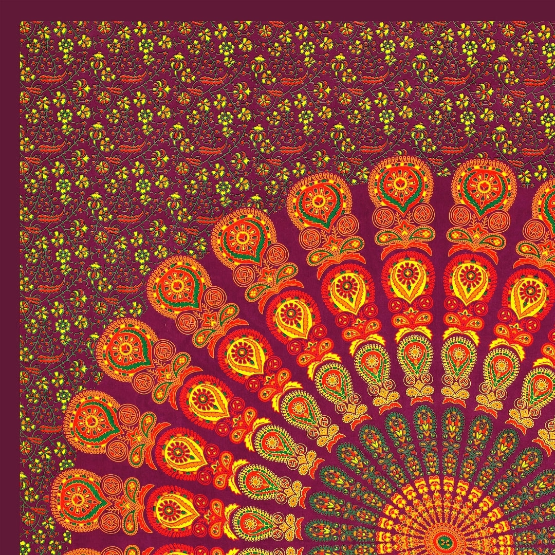 Royal Maroon Floral Wheel Mandala Print Pure Cotton Double Bedsheet with 2 Pillow Covers
