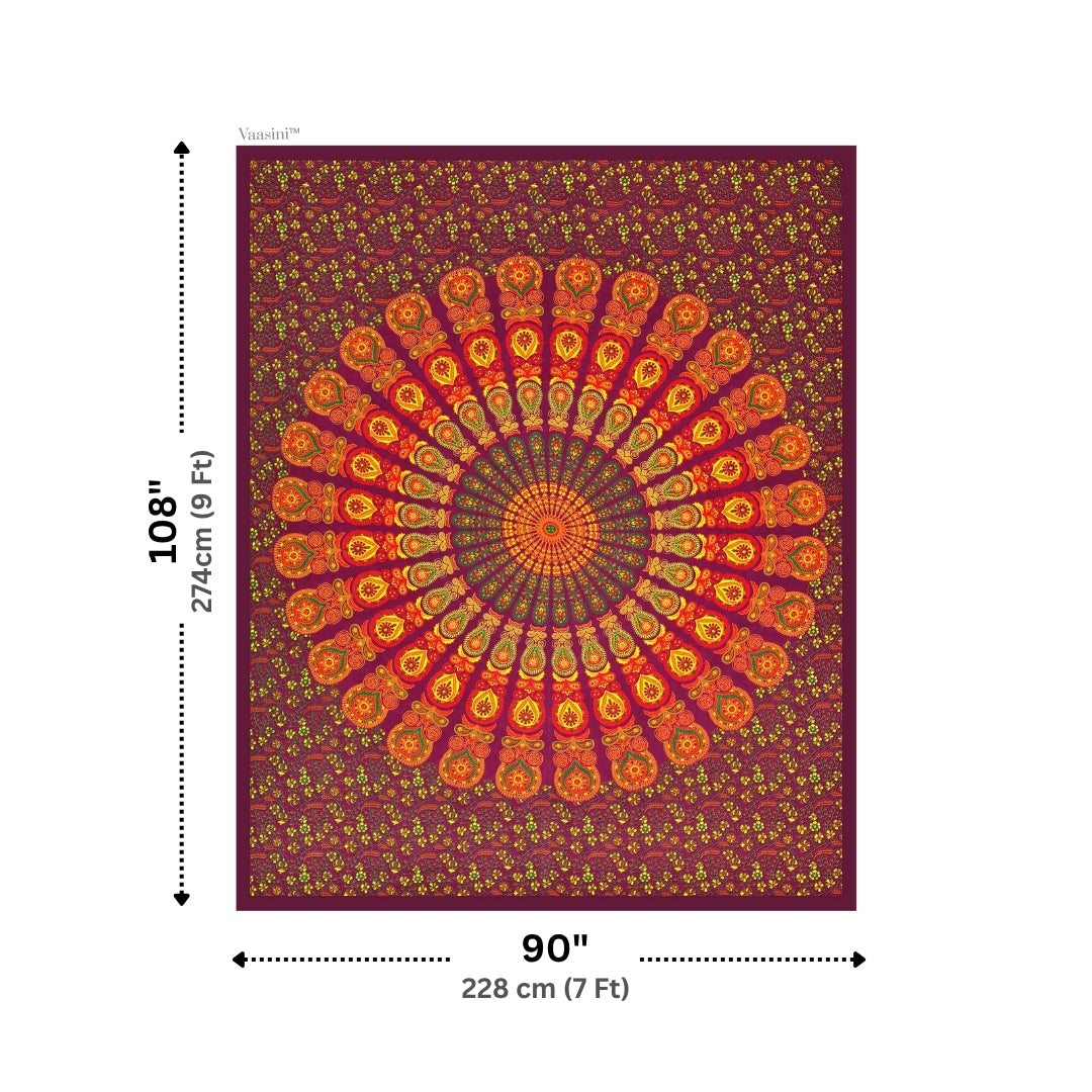 Royal Maroon Floral Wheel Mandala Print Pure Cotton Double Bedsheet with 2 Pillow Covers