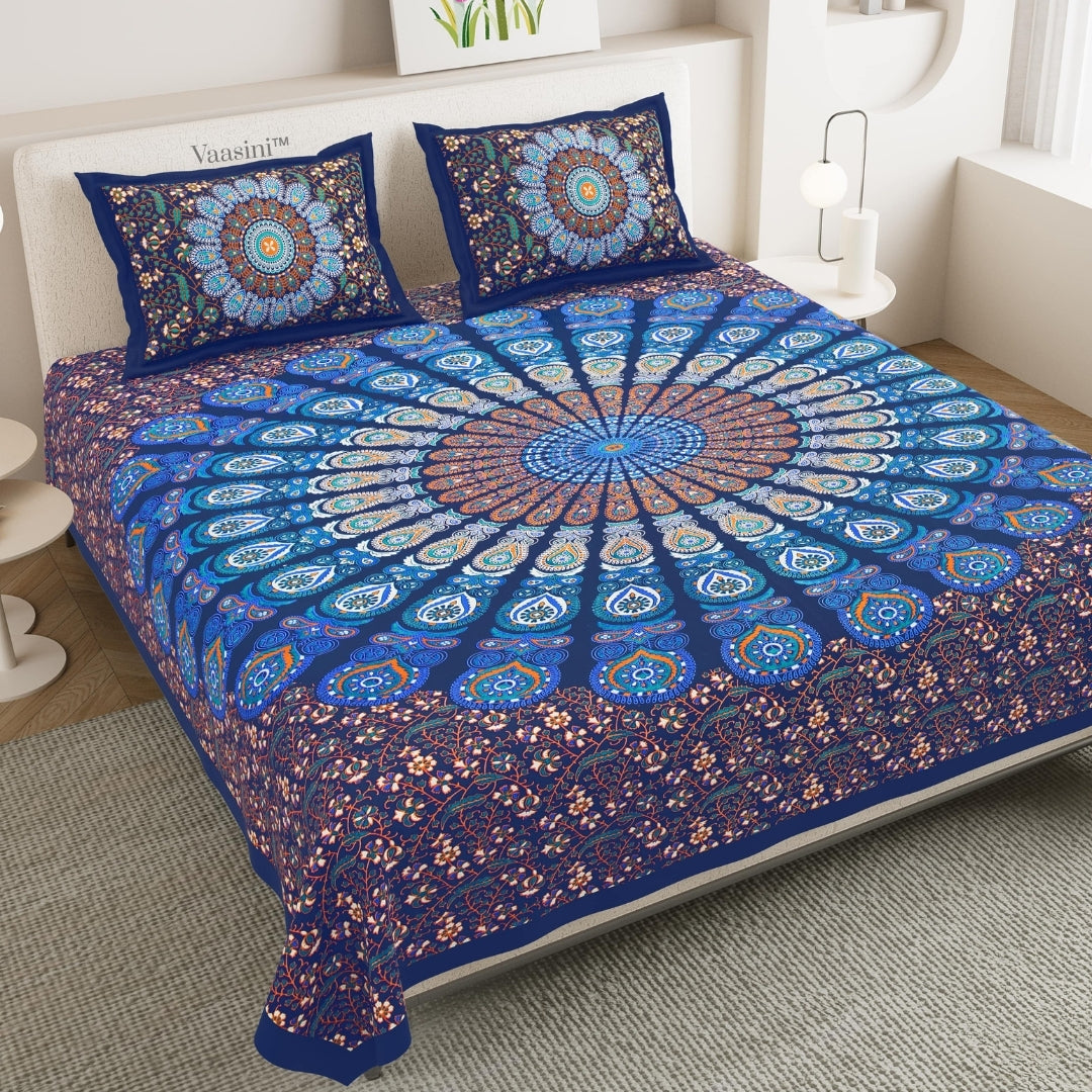 Luxury Cobalt Blue Floral Wheel Mandala Print Pure Cotton Double Bedsheet with 2 Pillow Covers
