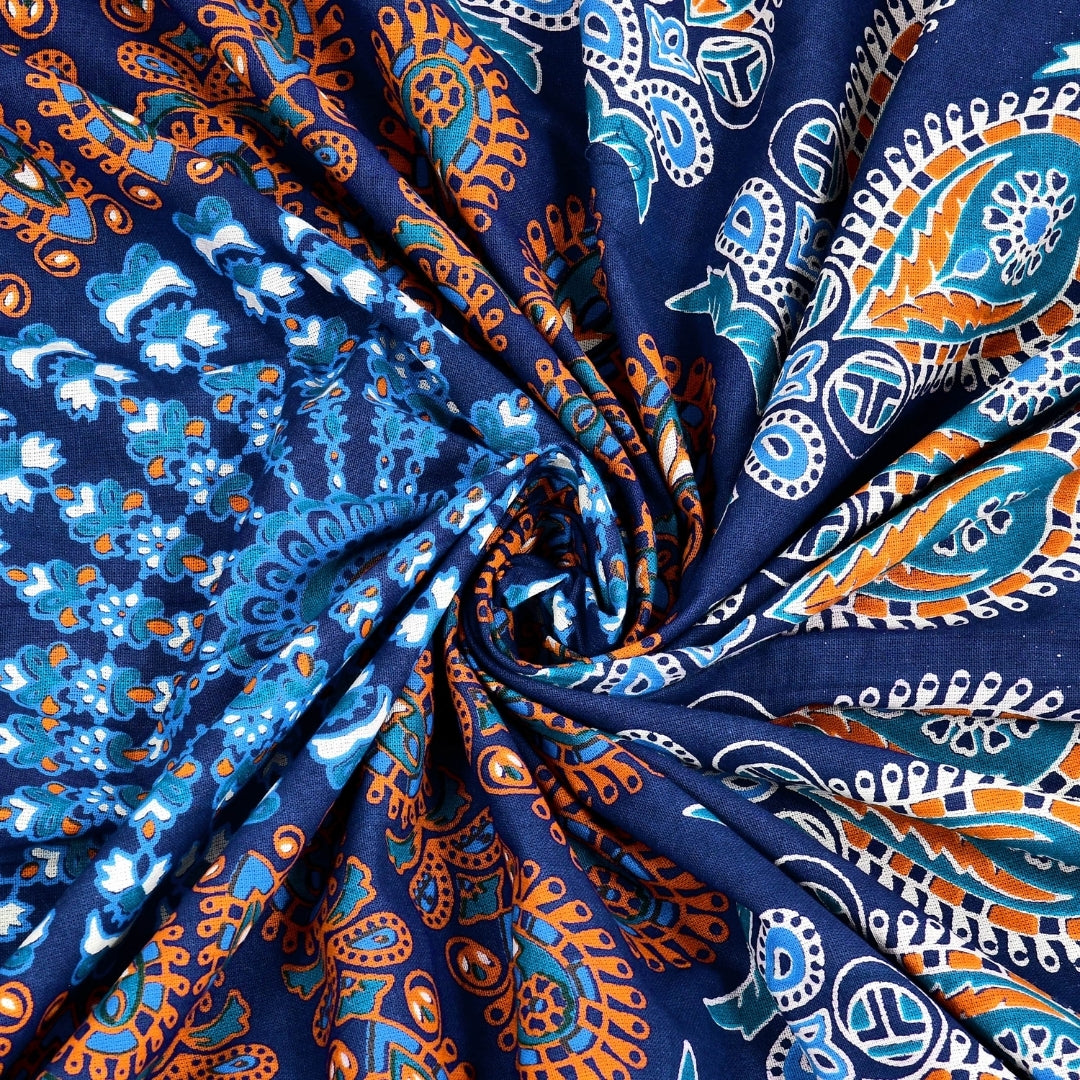 Luxury Cobalt Blue Floral Wheel Mandala Print Pure Cotton Double Bedsheet with 2 Pillow Covers