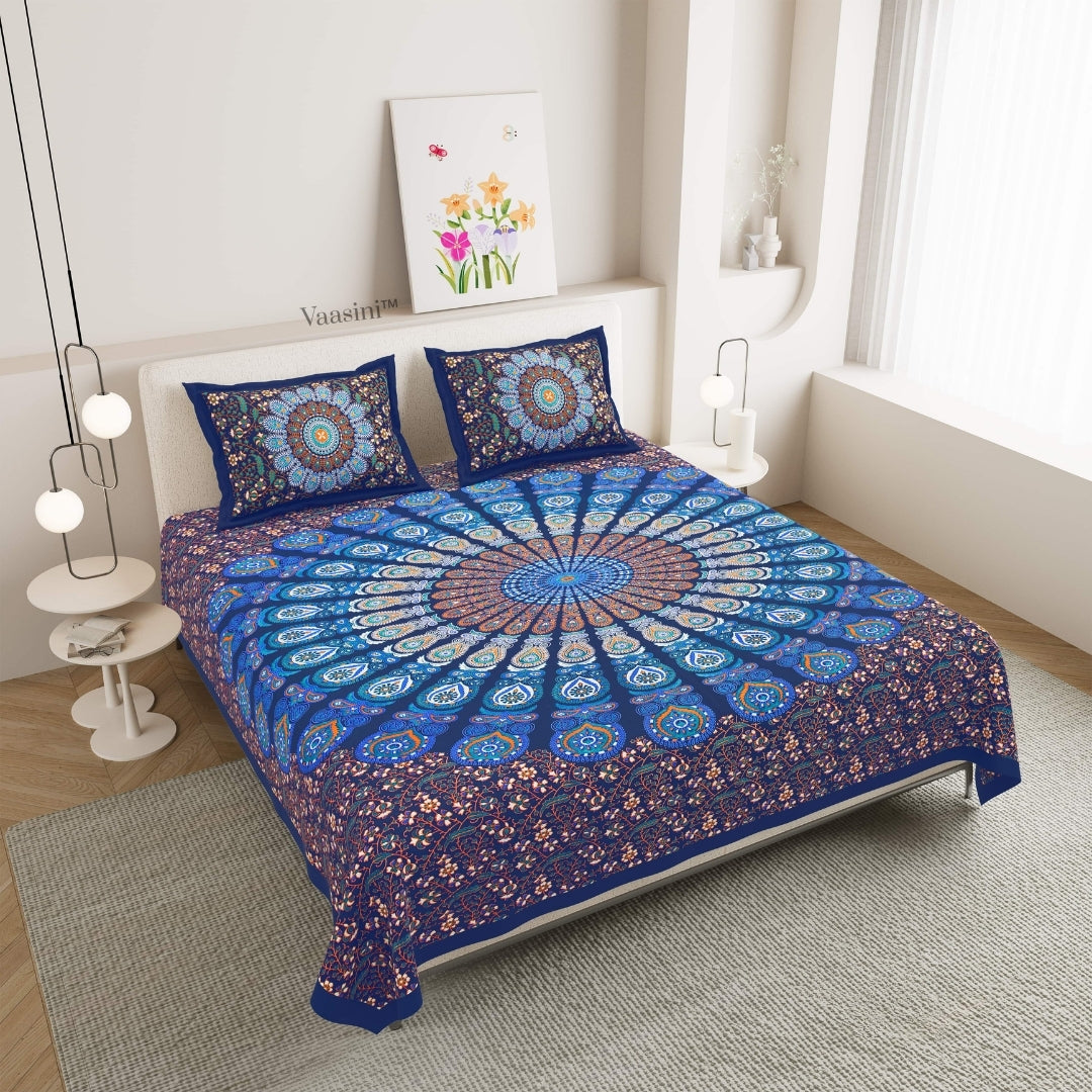 Luxury Cobalt Blue Floral Wheel Mandala Print Pure Cotton Double Bedsheet with 2 Pillow Covers