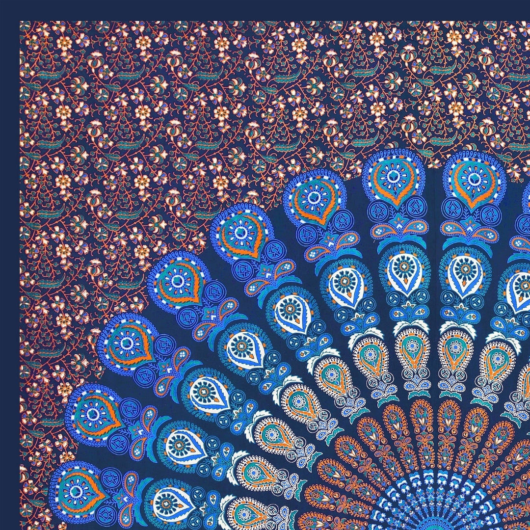 Luxury Cobalt Blue Floral Wheel Mandala Print Pure Cotton Double Bedsheet with 2 Pillow Covers