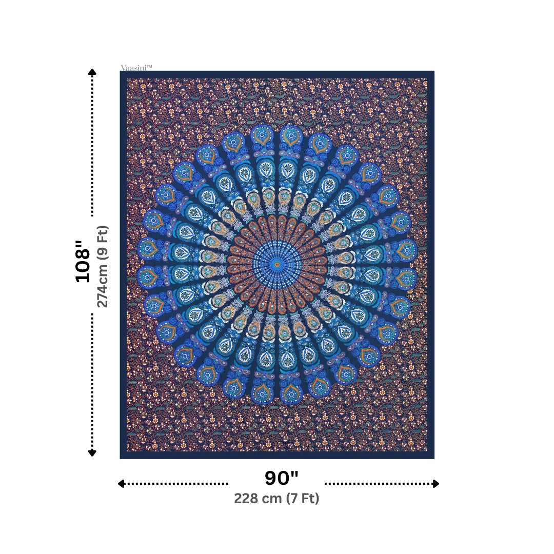 Luxury Cobalt Blue Floral Wheel Mandala Print Pure Cotton Double Bedsheet with 2 Pillow Covers