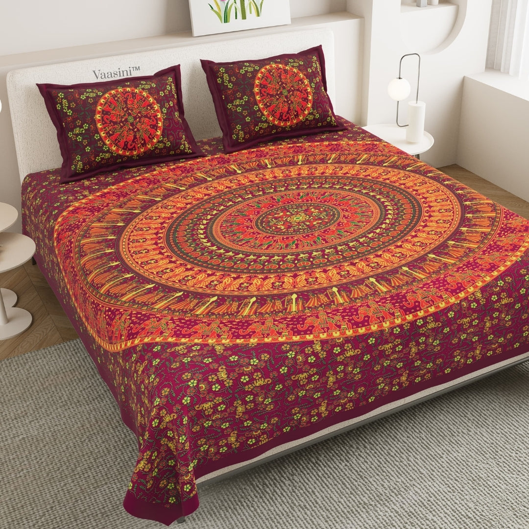Premium Maroon Rajasthani Folk Mandala Print Pure Cotton Double Bedsheet with 2 Pillow Covers