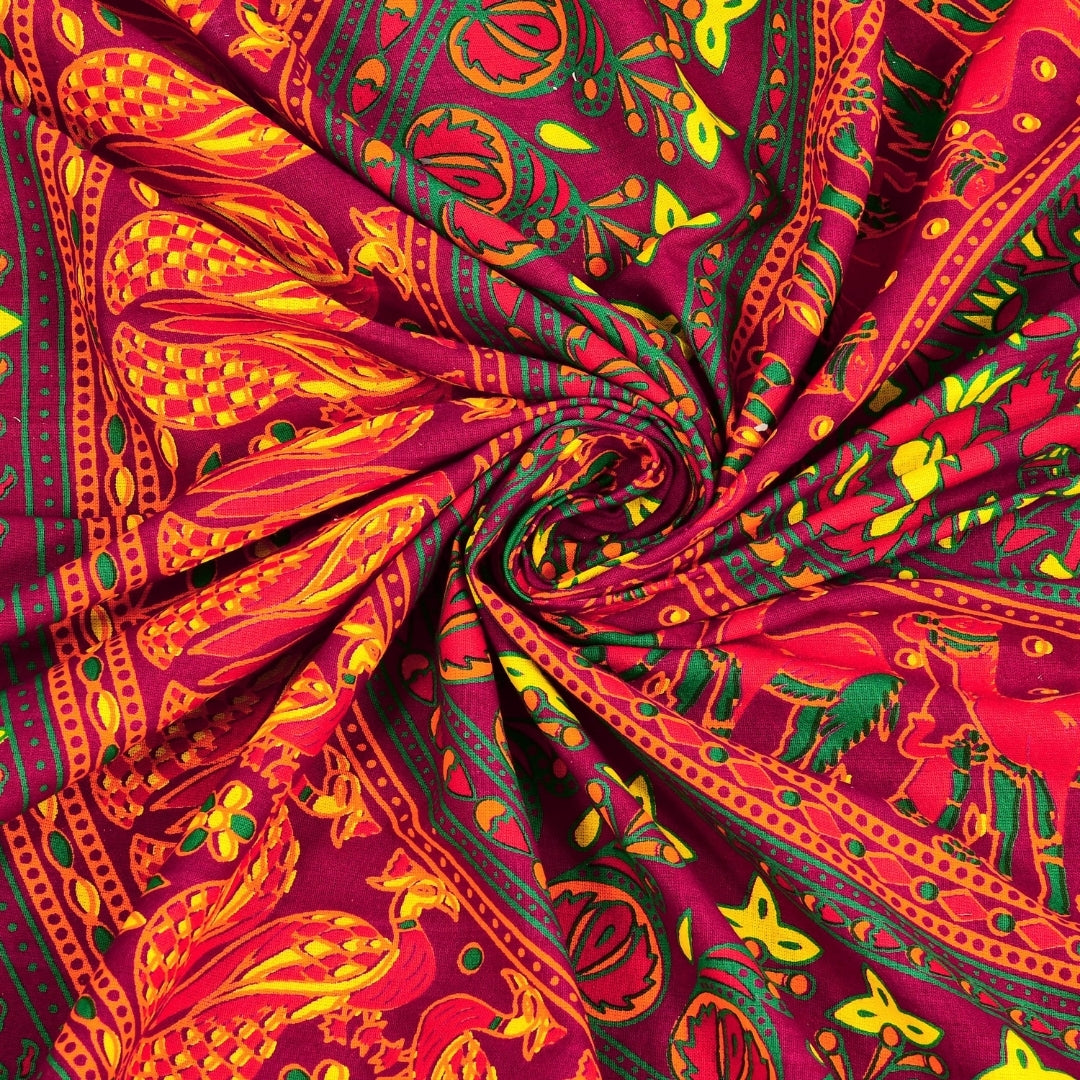 Premium Maroon Rajasthani Folk Mandala Print Pure Cotton Double Bedsheet with 2 Pillow Covers