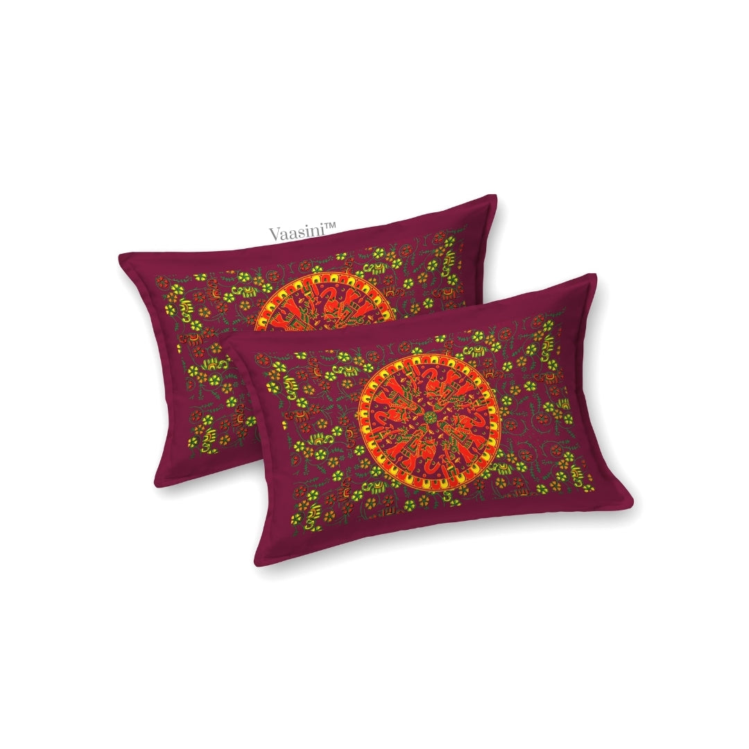 Premium Maroon Rajasthani Folk Mandala Print Pure Cotton Double Bedsheet with 2 Pillow Covers