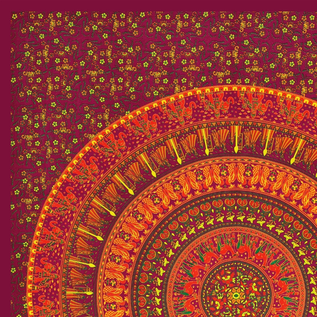 Premium Maroon Rajasthani Folk Mandala Print Pure Cotton Double Bedsheet with 2 Pillow Covers