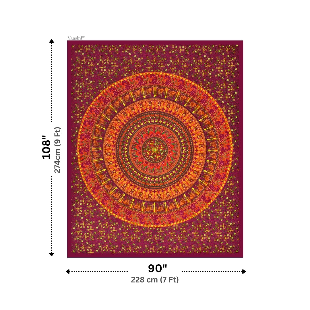 Premium Maroon Rajasthani Folk Mandala Print Pure Cotton Double Bedsheet with 2 Pillow Covers