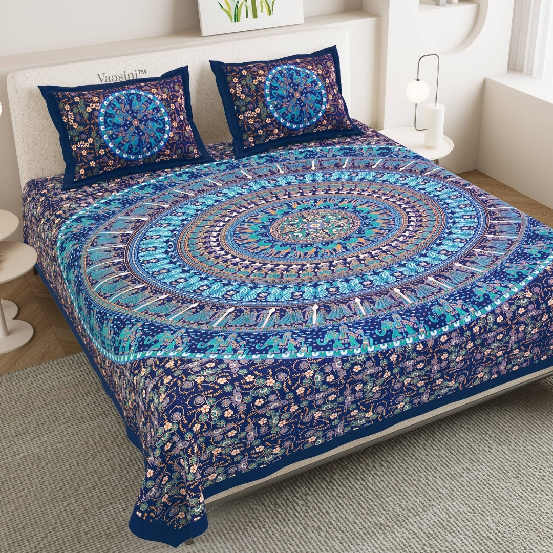 Elegant Aqua Blue Rajasthani Folk Mandala Print Pure Cotton Double Bedsheet with 2 Pillow Covers
